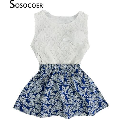 SOSOCOER Baby Girl Clothing Sets Lace T Shirt Top+Skirts 2pcs Kids Set 2017 Summer Blue And White Clothing Set For Girls Clothes