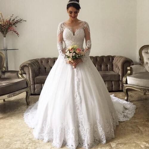 Vestido De Boda Scoop Neck Long Sleeves Wedding Dresses 2020 Ball Gown Bridal Dress Lace Appliques Wedding Gowns robe de mariee