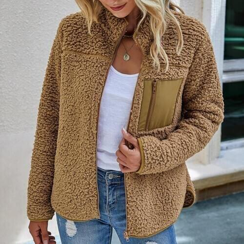 Winter Coat Fashion Stand Collar Women Long Sleeve Pockets Fluffy Warm Zipper Pocket Jacket Coat Outwear 3 Colors Plus Size