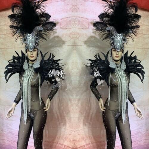 Women stage dance see through jumpsuit Customized made sexy black club costumes feather headgear