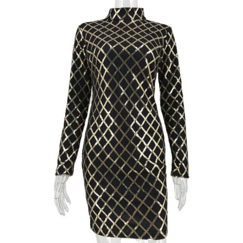 Women Short Mini Dress Female 2020 Autumn Long Sleeve Black Gold Sequins Elegant Bodycon Slim Pencil Club Party Dresses