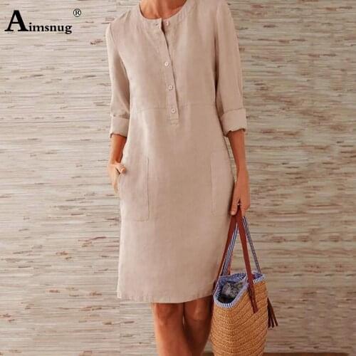 Women Elegant Casual Leisure Knee-Length Dress Solid Color Cotton Linen Party Dresses Ladies Vintage Pocket Button Loose Dress