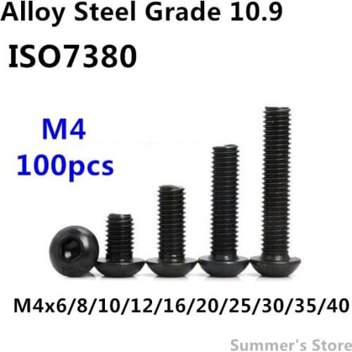 100pcs/lot ISO7380 M4 Alloy Steel Hex Socket Button Head Cap Screw M4*6/8/10/12/16/20/25/30/35/40mm black mushroom head screw