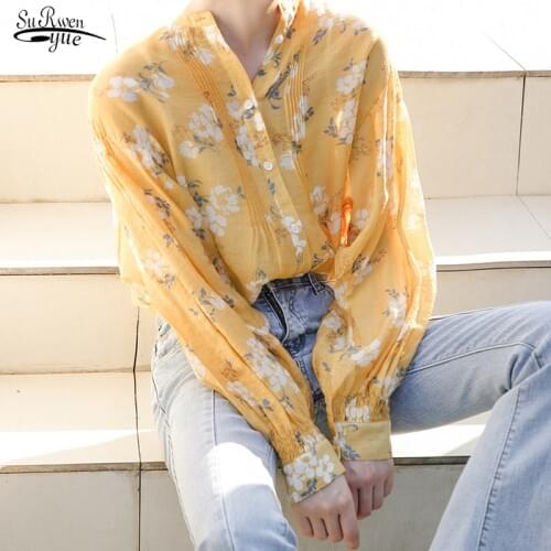 2021 Autumn Brief Chic Loose High Street Sweet Yellow Batwing Sleeve Print Floral All Match Stylish Casual Shirts Blusas 10190