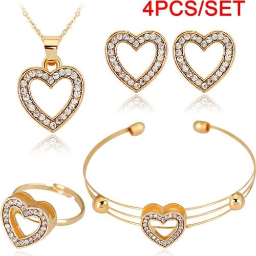 4 Stks Leuke Hartvormige Neclace Oorbellen Sets Sieraden Kristal Kid Kinderen Mooie Goud Kleur Sieraden Sets Voor Meisje Gift