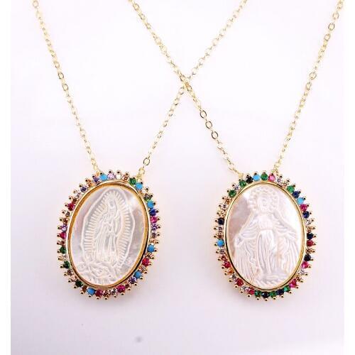 6PCS, Fashion Rainbow Pendant CZ Micro Pave Elegant Jesus / Virgin of Mary Shell Gold Filled Colorful Zirconia Pendant Necklaces
