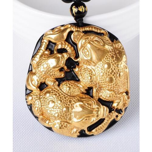 Free shipping Natural gold inlaid obsidian necklace pendant with rope wholesale