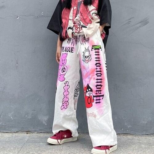 Wide Leg Pants Cartoon Harajuku Korean Hippie Palazzo Women Retro 90s Aesthetic Anime Trousers Oversize Female Graffiti 2021