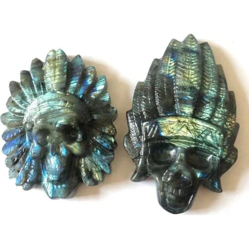 Natural Crystal Skull Carving Labradorite Indian Ghost Quartz Figurine Healing Crystals Feng Shui Reiki Stones For Skull Decor