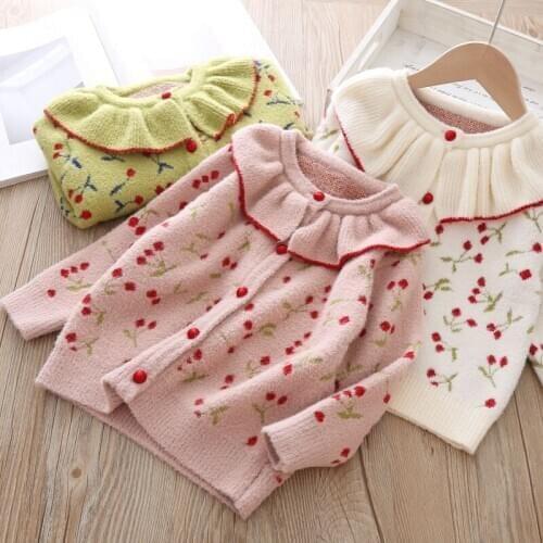 Baby Girl Clothes Childrens Sweaters 2019 Autumn New Toddler Girl Cute Sweaters Coat Kids Cherry Print Knited Jackets Girl Coat