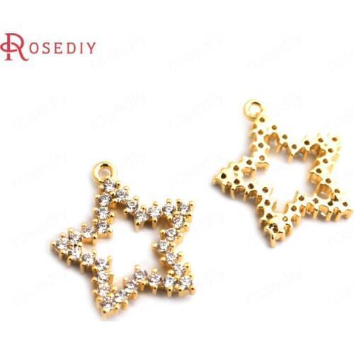 F082)4 pieces 15x13.5mm 24K Gold Color Brass + White Zircon Star Charms Pendants High Quality Diy Accessories Jewelry Findings