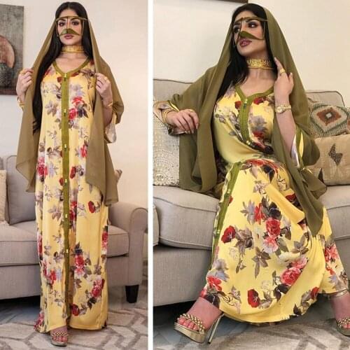 Moroccan Kaftan Eid Ramadan Muslim Women Maxi Dress Floral Print Abaya Dubai Caftan Turkish Robe Gown Islamic Clothing Jalabiya