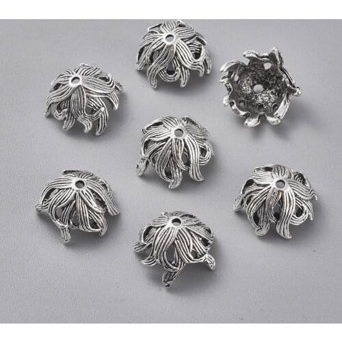 50pcs Tibetan Style Antique Silver Flower Bead Caps For Jewelry Charms Necklace Bracelets Making Handmande 10x15x15mm, Hole: 2mm