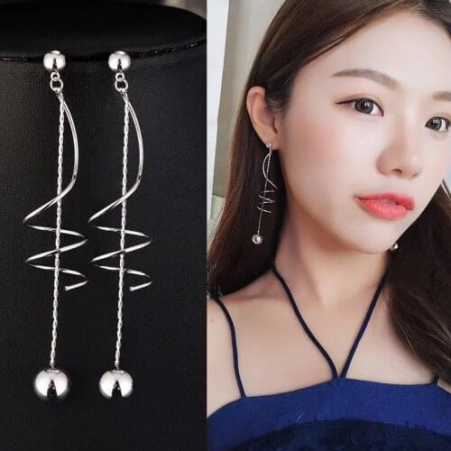 Korean Simple Spiral Earrings For Women Girl Gold Silver Color Long Tassel Beaded Earring Ears Fashion Charm Trendy Jewelry