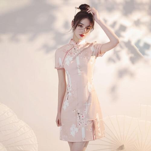 Short short modified cheongsam summer new print dress for Chinese girls