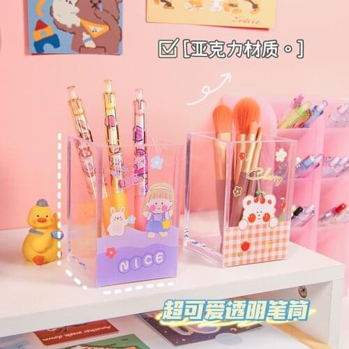 Kawaii Acrylic Pen Holder Cute Cartoon Transparent Storage Multifunctional Desktop Organizer Cute Stationery School Supplies