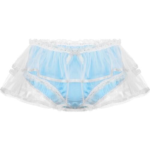 Mens Sissy Panties Smooth Satin Lingerie with Double Mesh Layers Lace Trim Gay Pouch Jockstraps Underwear Nightwear