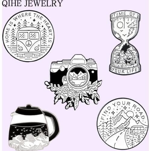 Record Scenery Soft Enamel Pin Simple White Round Camera Hourglass Kettle Brooch Landscape Mountain Beach Tree Outdoor Jewelry