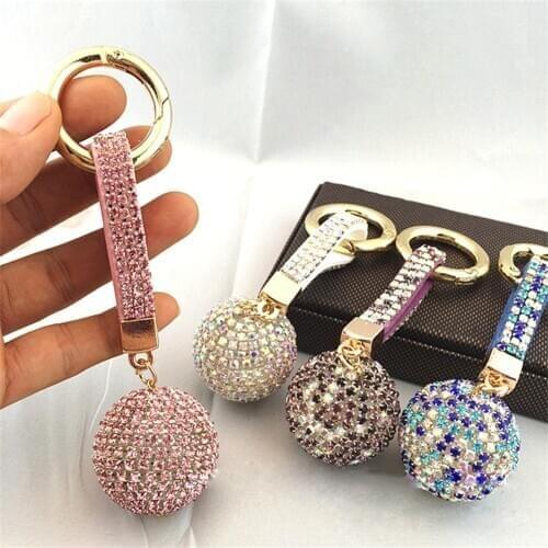 Fancy Fantasy New Strass Rhinestone High Quality Leather Strap Crystal Ball Car Keychain Charm Pendant Key Ring For Women Girl