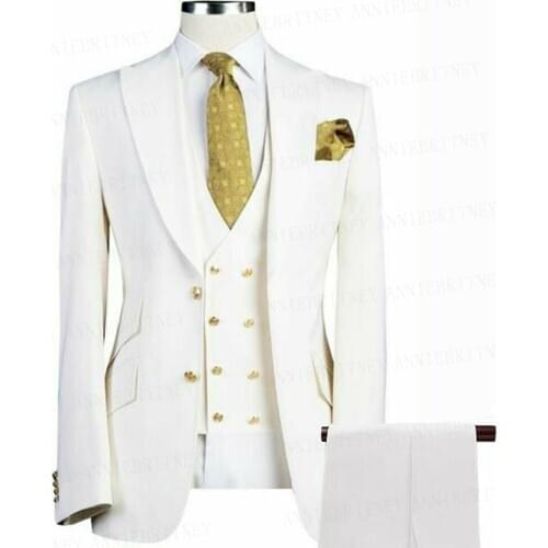 2021 New Designs White Groom Suit 3 Pieces Slim Fit Custom Men Wedding Prom Gold Buttons Jacket Vest Pants Dinner Dress Tuxedo