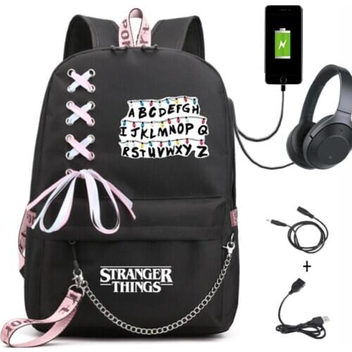 New USB Charge Women Student Backpack Letters Print School Bag Teenager Girls Ribbons Backpack Stranger Things Canvas Backpack