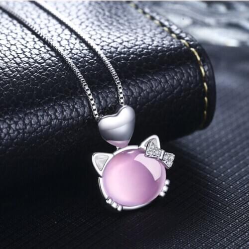 Silver Plated Silver Plated Lovely Cat Rose Pink Quartz Pendant Link Chain Necklace Rock Crystal Jewelry