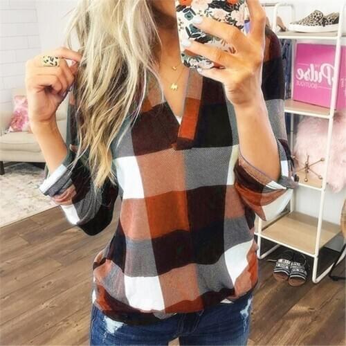 40# Plaid Casual Tops Womens Blouse Roll Up Long Sleeve V Neck Button Lattice Shirt Print Blouse Tops Loose Female long Sleeve