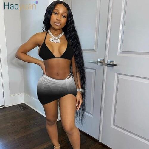 HAOYUAN Sexy Gradient 3 Piece Bikini Set Vacation Outfits for Women Summer Clothes Bra Crop Tops Mini Skirts Beach Matching Sets