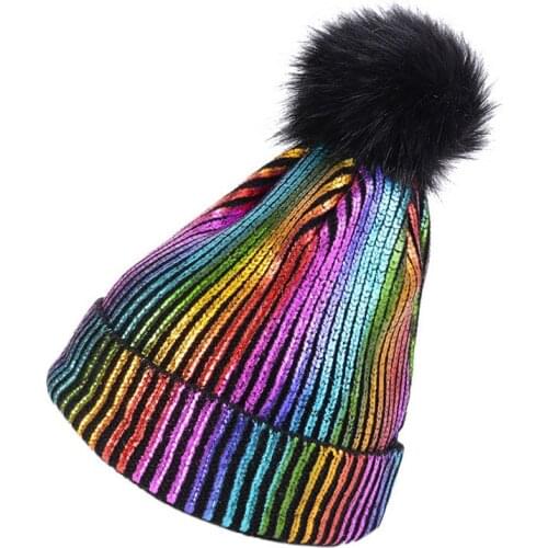 New 1pc Mink Fox Fur Ball Cap Pom Poms Autumn Winter Hats For Women Girls Hat Knitted Beanies Cap Brand Shiny Female Gorras