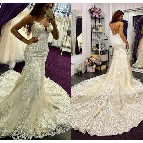 2019 Bohemian Wedding Dresses Jewel Sleeveless Lace Appliques Bridal Gowns Sweep Train Mermaid Wedding Dress Robe De Mariee