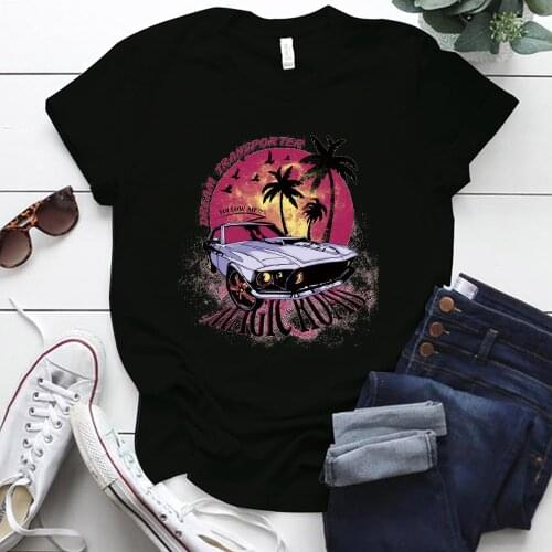 Seeyoushy Dream Transporter Magic Road Vintage Car Print Women T-shirts Crew Neck Summer Tee Shirt Femme 2021 Vogue Woman Tops