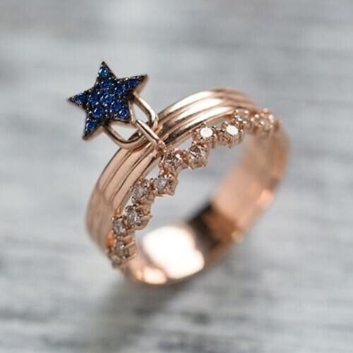 USTAR Blue Star Rings for women Cubic Zirconia Rose gold color Finger Wedding Engagement Rings Female jewelry Accessories gift