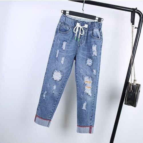 High-waisted Jeans Womens Ripped Elastic Waist Large Size Straight Loose Casual Nine-point Thin Harem Pants Mother Jeans