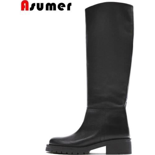 2021 ZA New Full Cow Leather Knee High Boots Fashion Soft Leather Autumn Winter Shoes Square Heels Straight boots Ladies Shoes