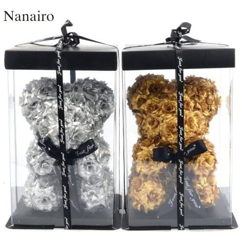 Gold silver Rose Bear Dolls Soap Artifdicial Foam Rose Flower Teddy Bear Valentines Day Gift Birthday Party Spring Decoration