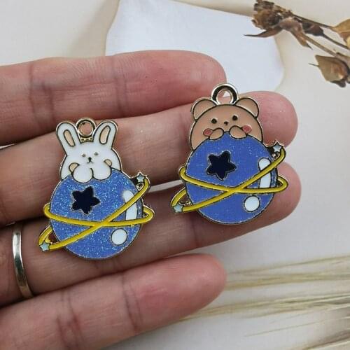 10pcs Cartoon Metal Charms Enamel Rabbit Bear Planet Pendants Charm Fit Bracelet Earring Floating DIY Jewelry Making Golden Base
