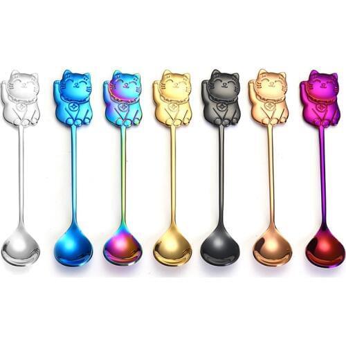7pcs/ 4pcs Lucky Cat Coffee Spoon Set Stainless Steel Dessert Ice Cream Spoon Tea Spoon Coffee Accessories Flatware Drinking Too