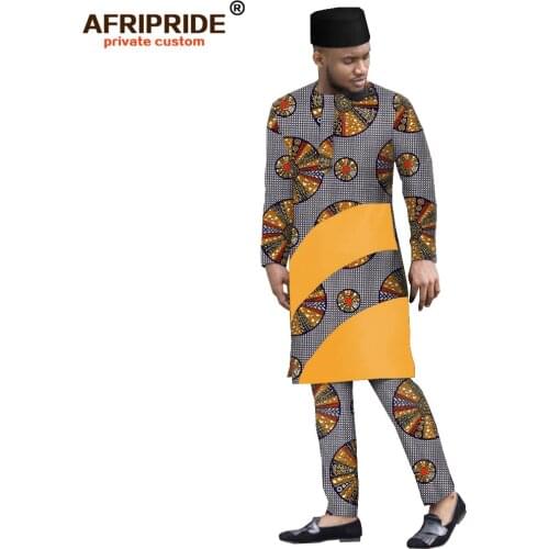 African Clothing for Men Print Long Shirts Ankara Pants Tribal Hat 3 Piece Suit Dashiki Outfits Outwear AFRIPRIDE A1916004B
