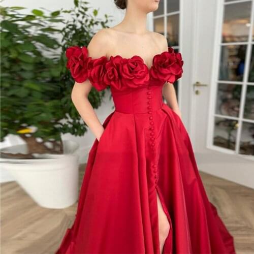 Burgundy Prom Special Occasion Evening Dresses Sexy Off the Shoulder Handmade Flower Satin A Line Party Gowns Front Split 2021