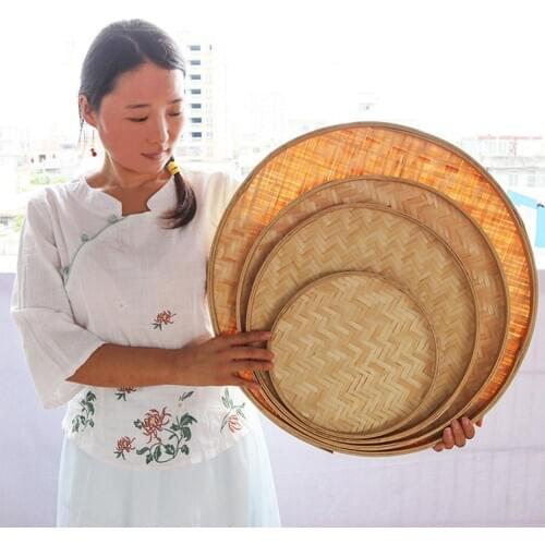 Hand-woven Bamboo Sieve Hand-painted Bamboo Raft Round Storage Tray Basket Decorative Drying Bamboo Pole Home Shop DIY Decor