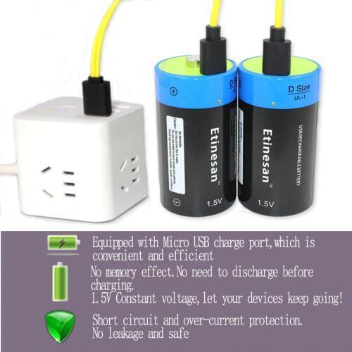 Etinesan 1.5V 9000mWh Lithium ion Li-polymer D Size Rechargeable USB Battery D type for Flashlight water heater ect