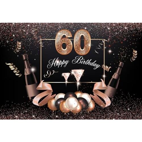 Photography backdrop Happy 60th Birthday background Black Gold Champagne Photo backdrop Party Banner 220cm x 150cm