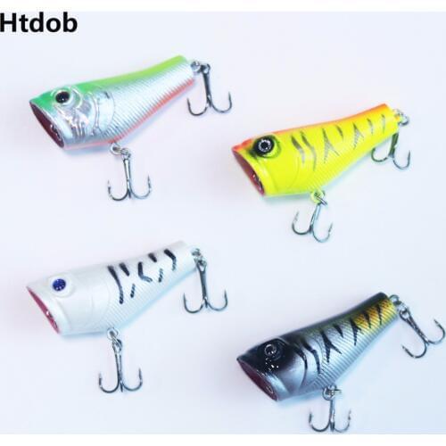 Htdob 4Pcs 5cm 7.4g Top Water Floating Popper Fishing Lure 3D Eyes Poper Hard Bait Bass Tarpon Fish Lure