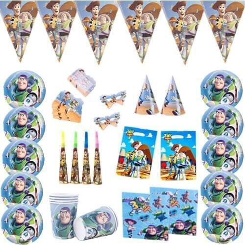 Toy Story Theme Party Supplies Disney Cartoon Figure Party Disposable Tableware Set Paper Cups Plate Straw Blue Number Balloons