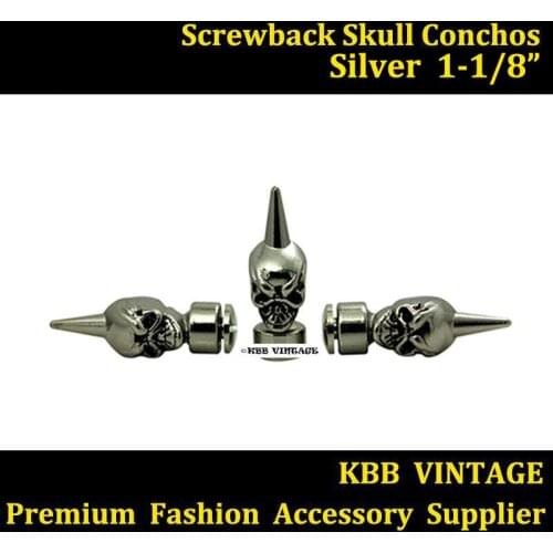 KBM08) 10pc 1-1/8'' Western Skull Concho Metal Skull Spikes Silver