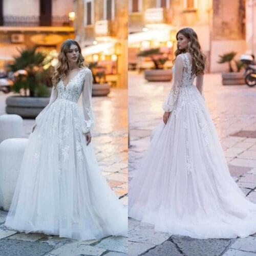 2021 Wedding Dresses V Neck Long Sleeve Lace Appliques Bridal Gowns Custom Made Button Back Sweep Train A-Line Wedding Dress