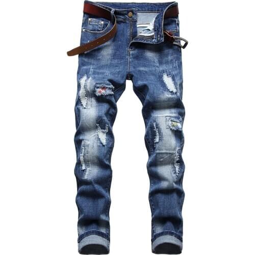 Mens Holes Ripped Patchwork Blue Denim Jeans Slim Straight Pants Stretch Trousers