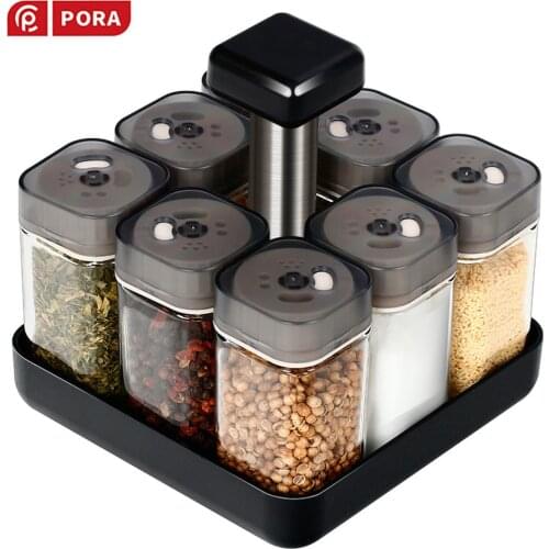 5/9Pcs Sets Jars for Spices Kitchen Cruet Rotating Glass Salt and Pepper Shakers Seasoning Oil Bottle Spice Container Spice Rack