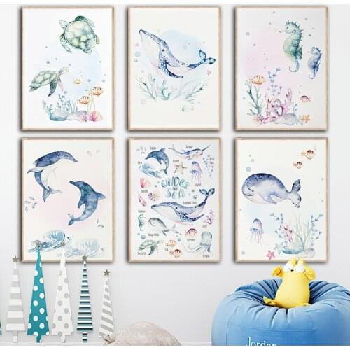 Whale Sea Turtle Seahorse Dolphin Marine Life Wall Art Canvas Painting Nordic Posters And Prints Wall Pictures Kids Room Decor