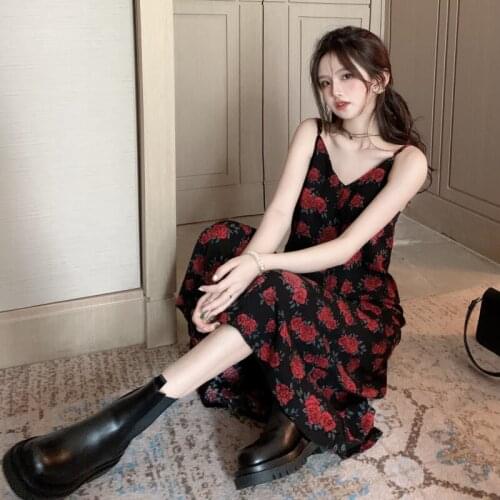 Dress Retro Flower Sling Dress Female Summer New Style Skirt Korean Version of The High Waist Thin A-line Skirt Long Skirt